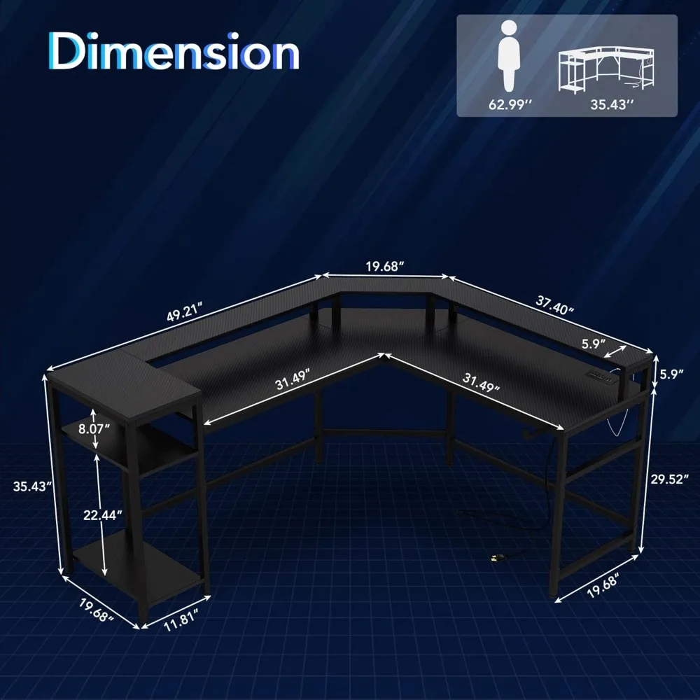 L Shaped Gaming Desk with Power Outlet & LED Stripe, Storage Shelves, Modern Corner Computer Desk