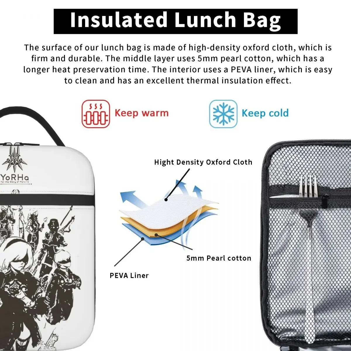 NieR Automata 2B Japan Thermal Insulated Lunch Bags for Work Video Games Portable Bento Box Men Women Thermal Cooler Lunch Box