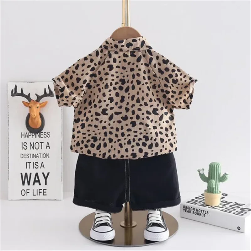 Verão crianças bebê meninas meninos roupas infantis leopardo completo printe camisa shorts 2 pçs/sets crianças algodão criança traje 0-5 anos