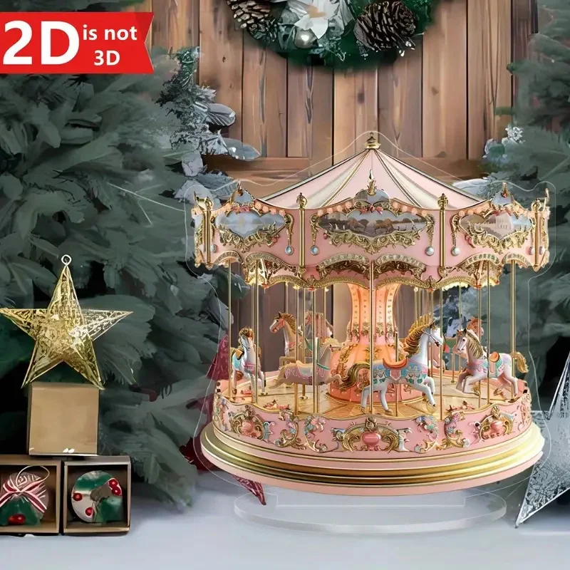 2D Flat 1pc Bohemian Style Acrylic Carousel Light Catcher, 2D Dreamy Pink and Golden Tabletop Decor, Versatile Home and Office