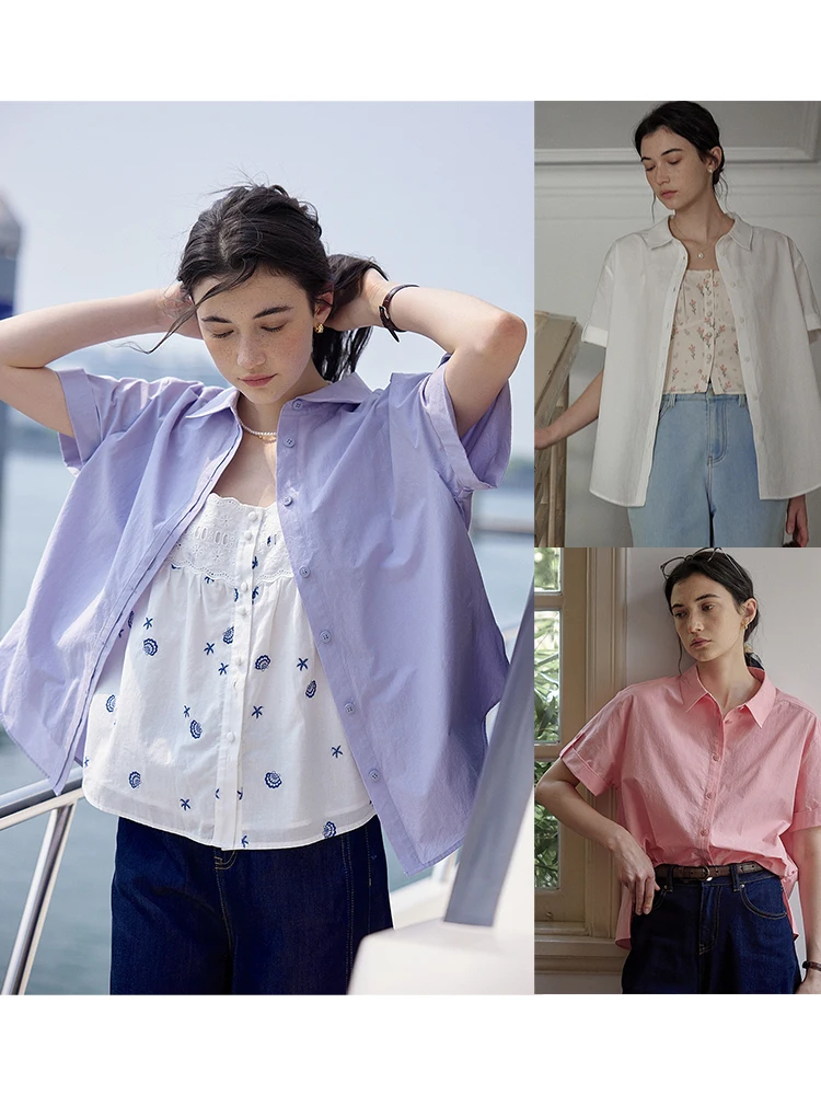Camisa de Algodón SimpleRetro para Mujer, Diseño Holgado de Verano, Manga Corta, Cuello , Multicolor, con Efecto de Ferme...