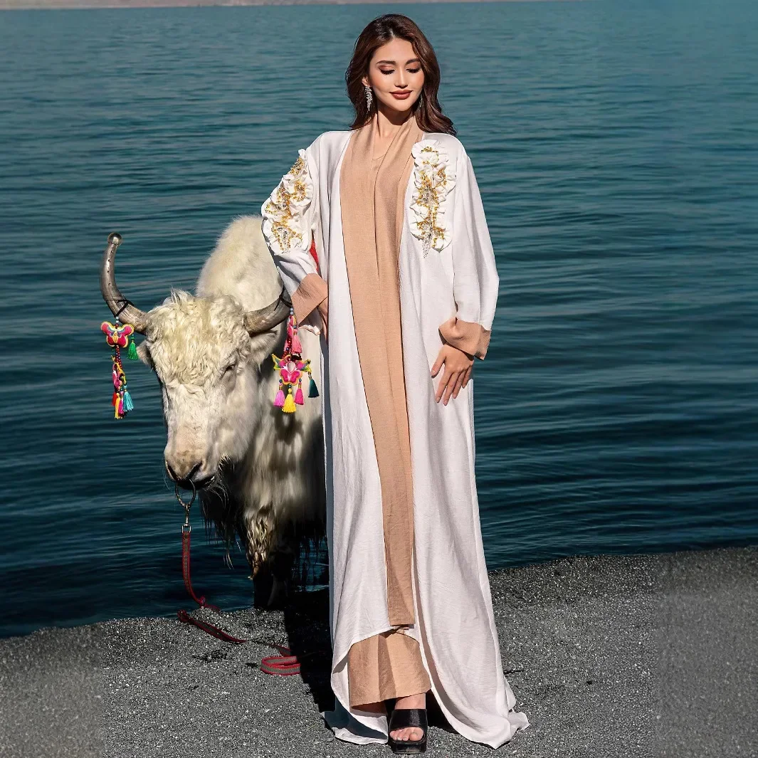 

Комплект из 2 предметов: кимоно-кардиган и платье-комбинация для мусульманок на Рамадан, абайя, дубайский кафтан, кебая, марокканский кафтан, женский костюм-роба для Ид