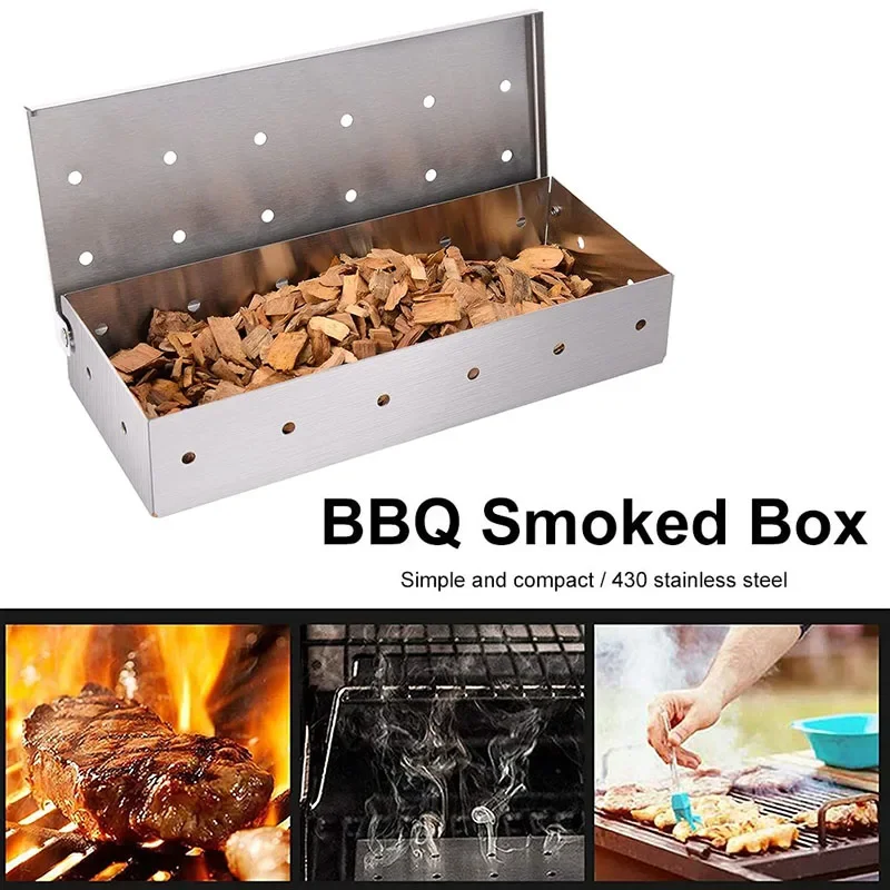 

Stainless Steel Smoker Box BBQ Wood Chips For Indoor Outdoor Charcoal Gas Barbecue Grill Meat Infused Smoke Flavor Accessories