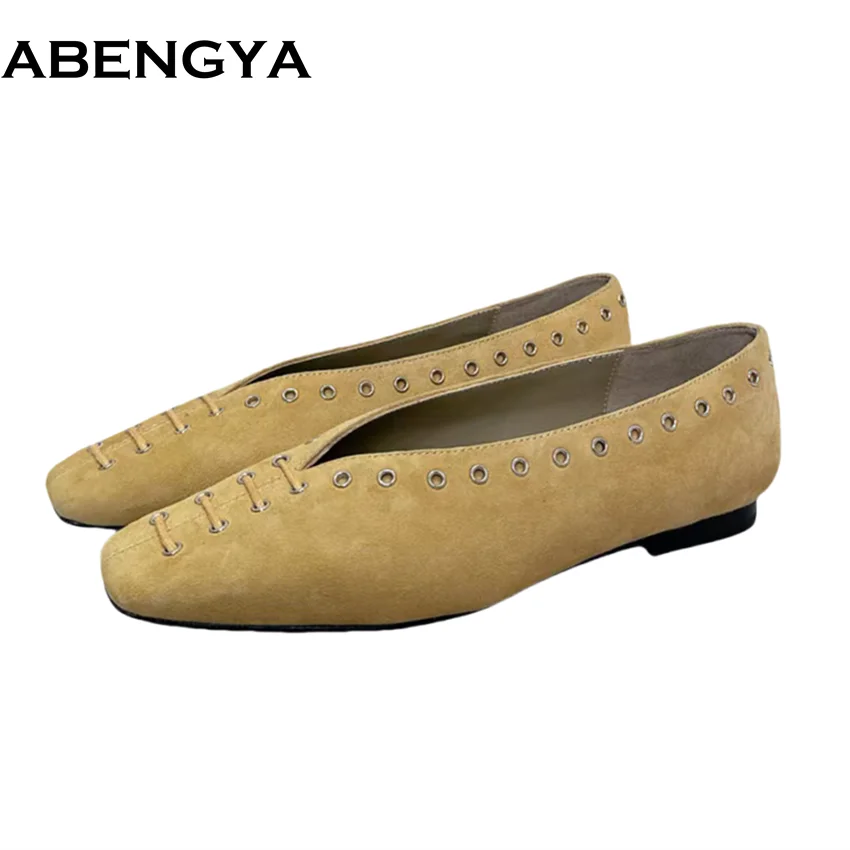 

ABENGYA Spring Ballet Flat Shoes For Women Suede Leather Mules Slip On Loafers Comfortable Dress Women's Shoes 2025