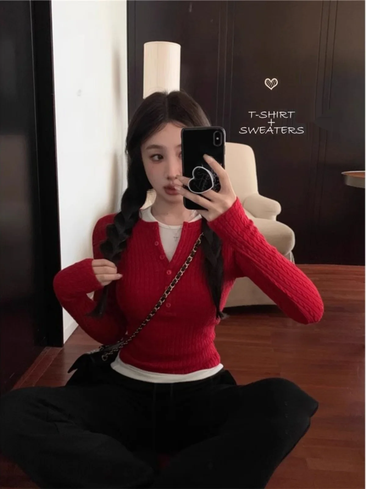 

Новый модный женский вязаный свитер Sweet And Spicy: облегающий, с длинным рукавом, с воротником, для весны и осени, красный, универсальный.