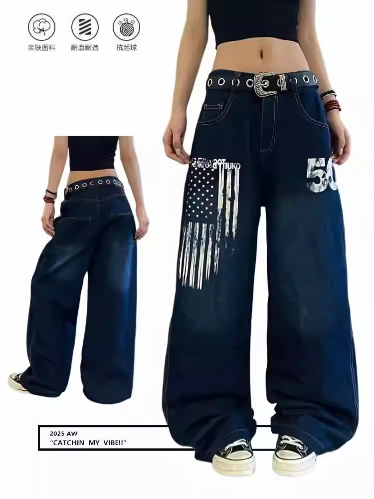

Women's Baggy Wide Jeans Denim Pants American Retro Print Men Hip-pop High Street Y2K Japanese Harajuku Cowboy Grunge Tide New
