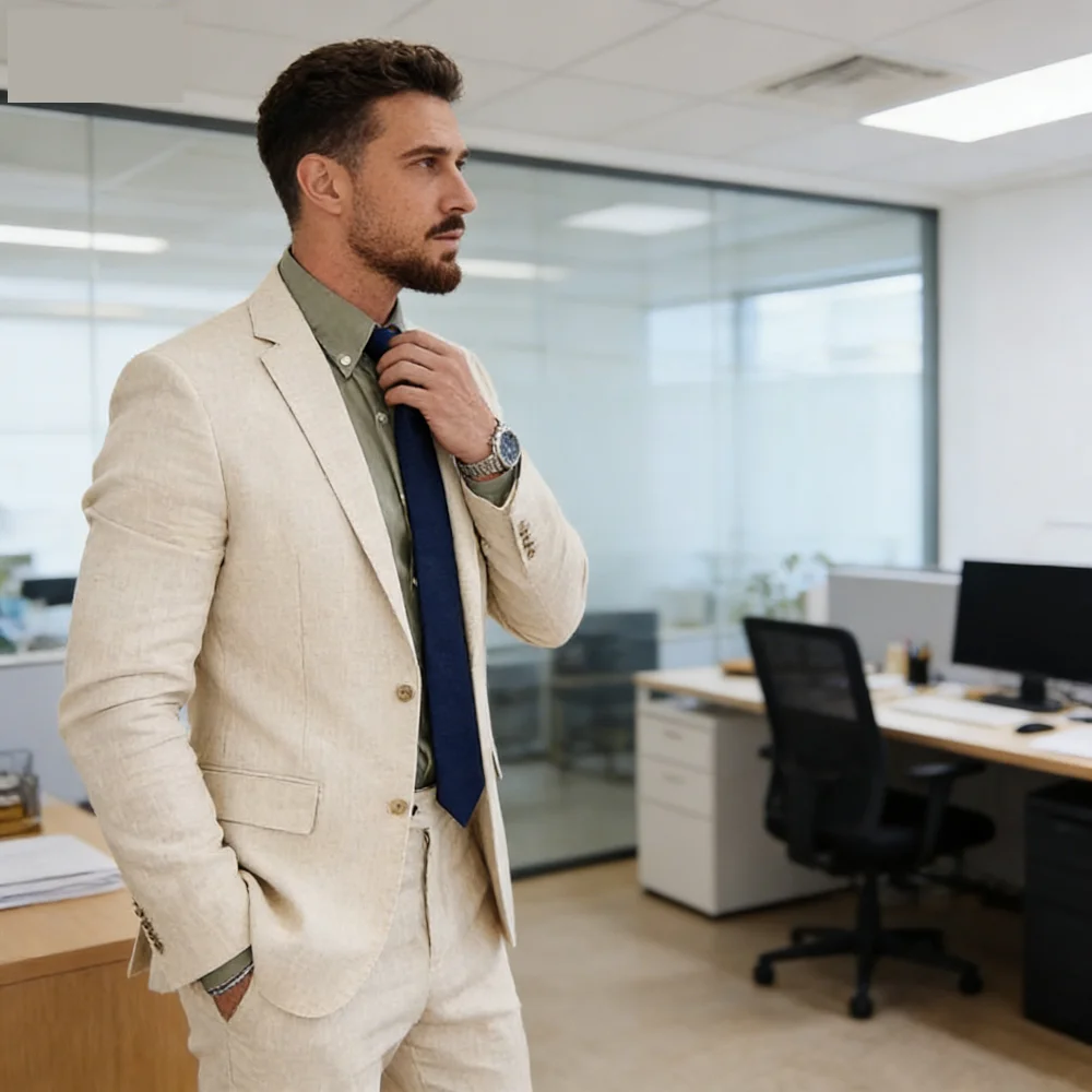 

Мужской летний льняной костюм-двойка для пляжа, свадьбы, отпуска, танцев, повседневный и нарядный, мужская одежда