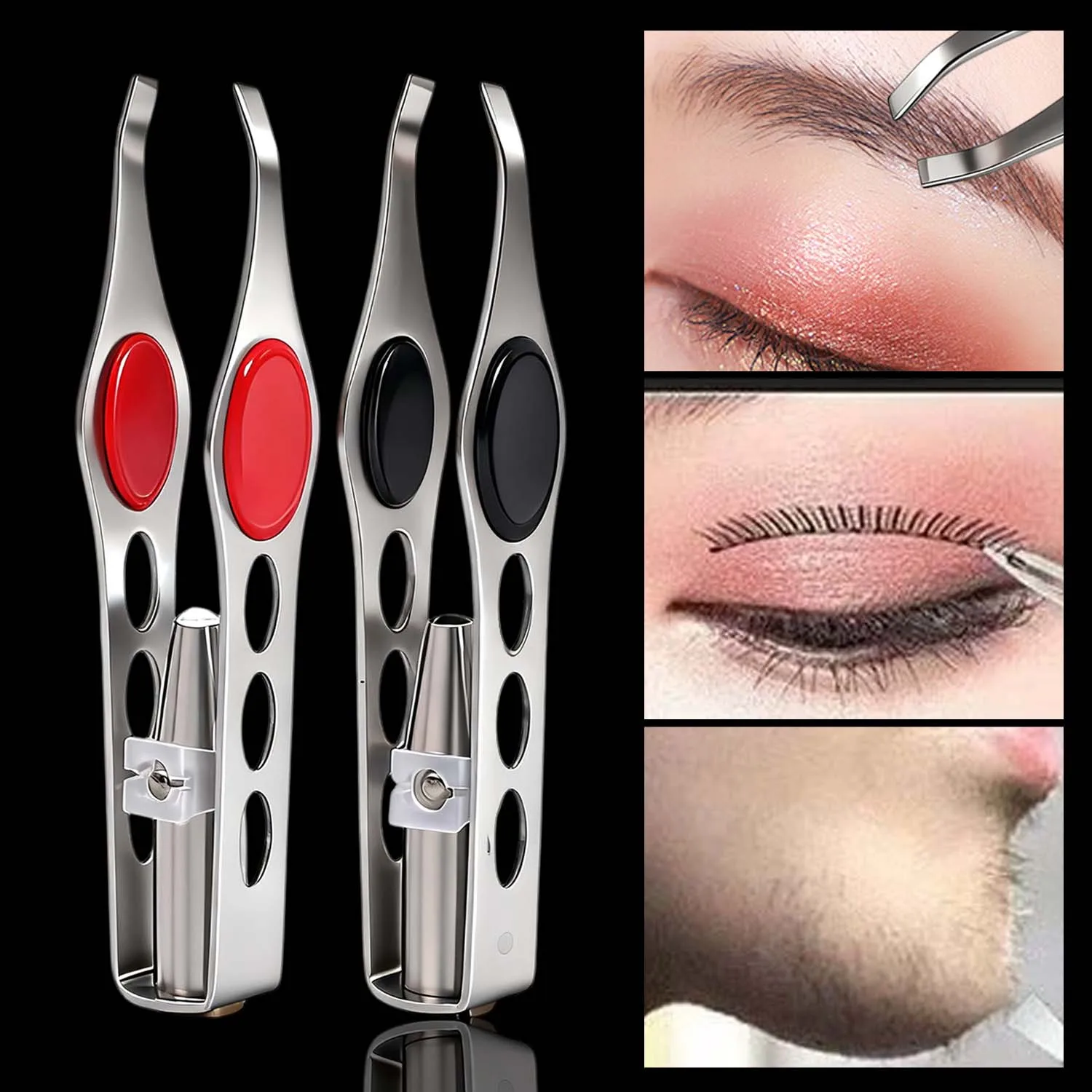 1 pçs portátil de aço inoxidável pinças sobrancelha botão célula design inteligente sobrancelhas cabelo remover pinça com luz led ferramentas maquiagem