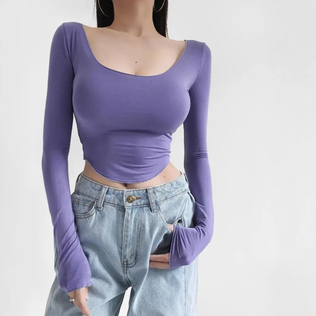 

Женская футболка с длинными рукавами в стиле Pure Desire, U-образный вырез, узкая талия, топ с неровным подолом, модный топ для девочек