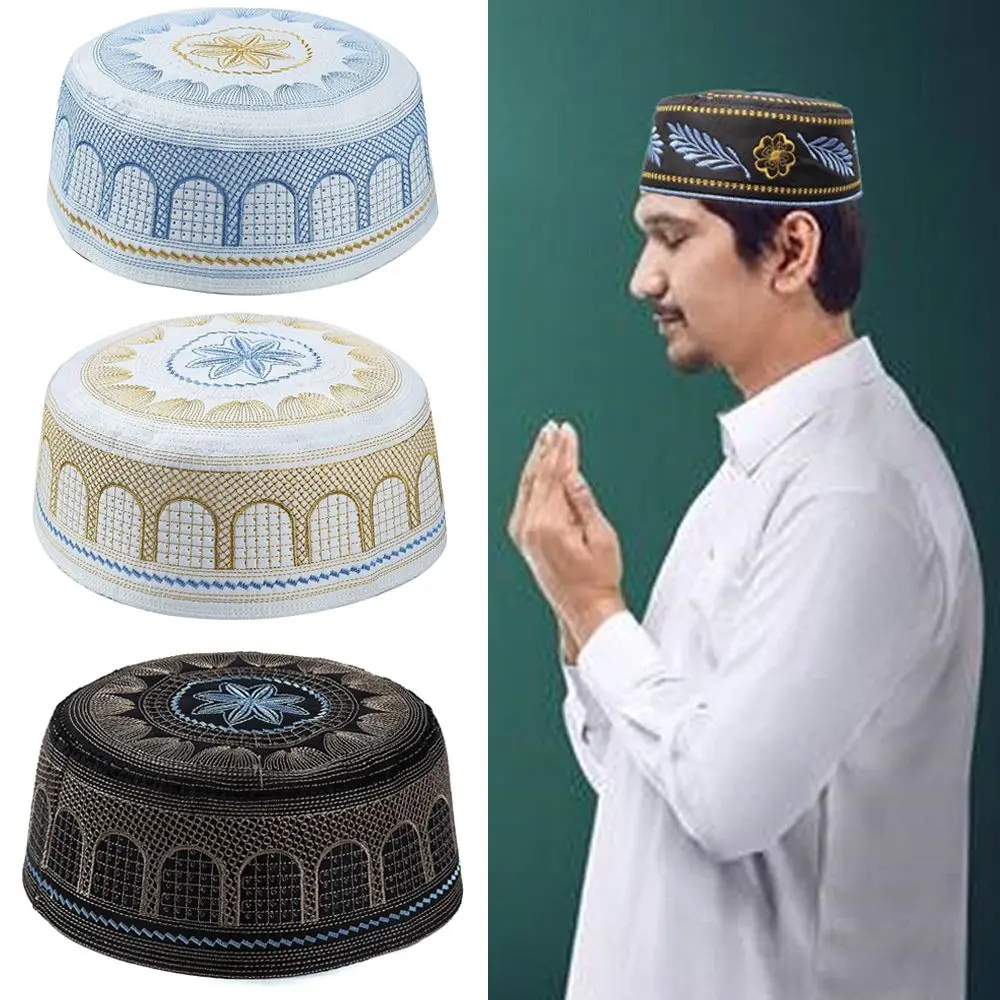 Men Muslim Hat Cotton Embroidery Prayer Hat Musliman Turban Men Saudi Arabian Islam Jewish India Caps