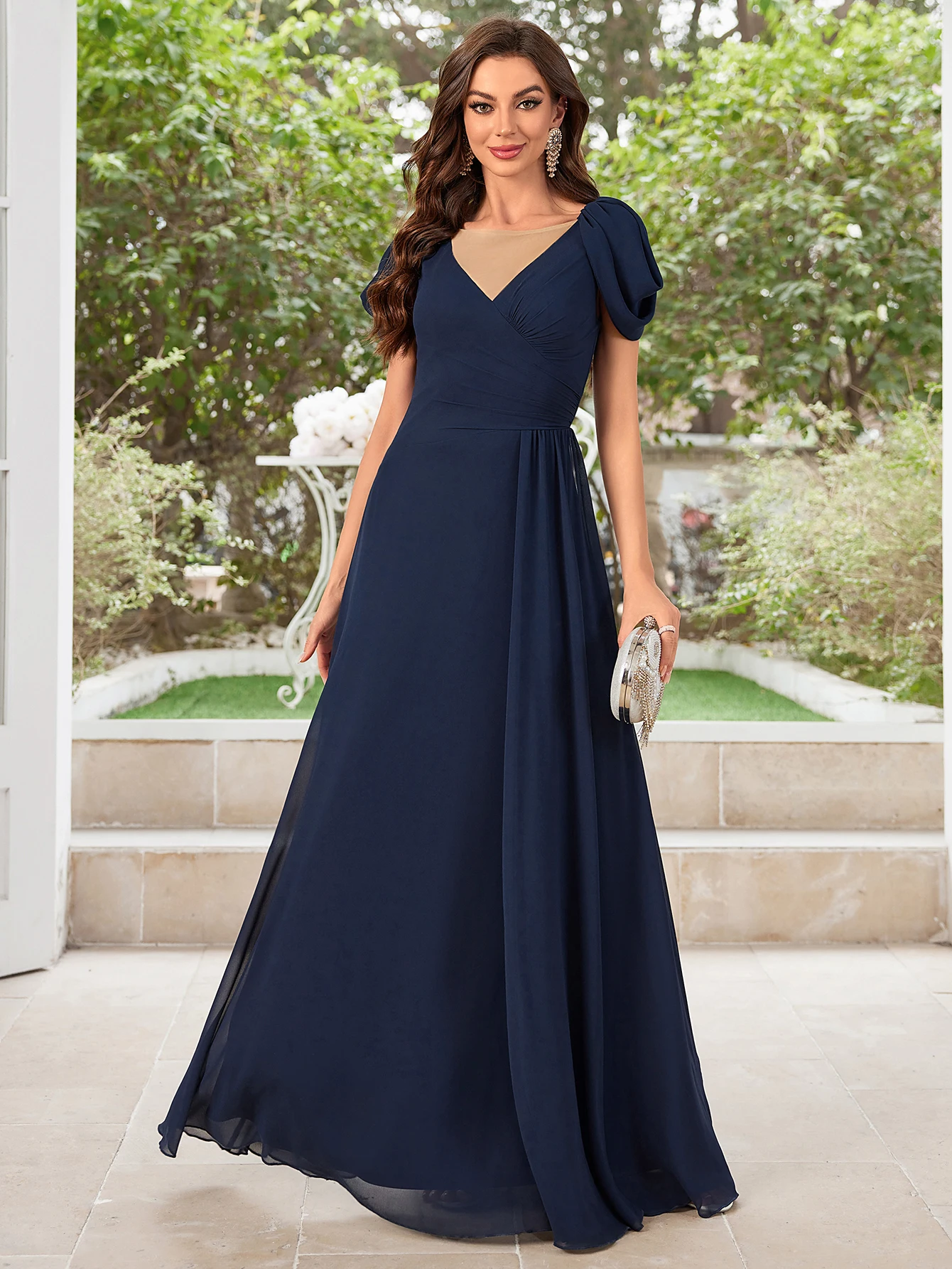 Unithorse  Ruched Bust Chiffon Cold-Shoulder Wrap Bridesmaid Dress