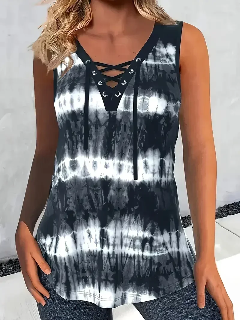 حجم كبير 1XL-5XL المرأة موضة رابطة عنق مستديرة صبغ طباعة أكمام تانك القمم السيدات عادية الصيف القمم تانك