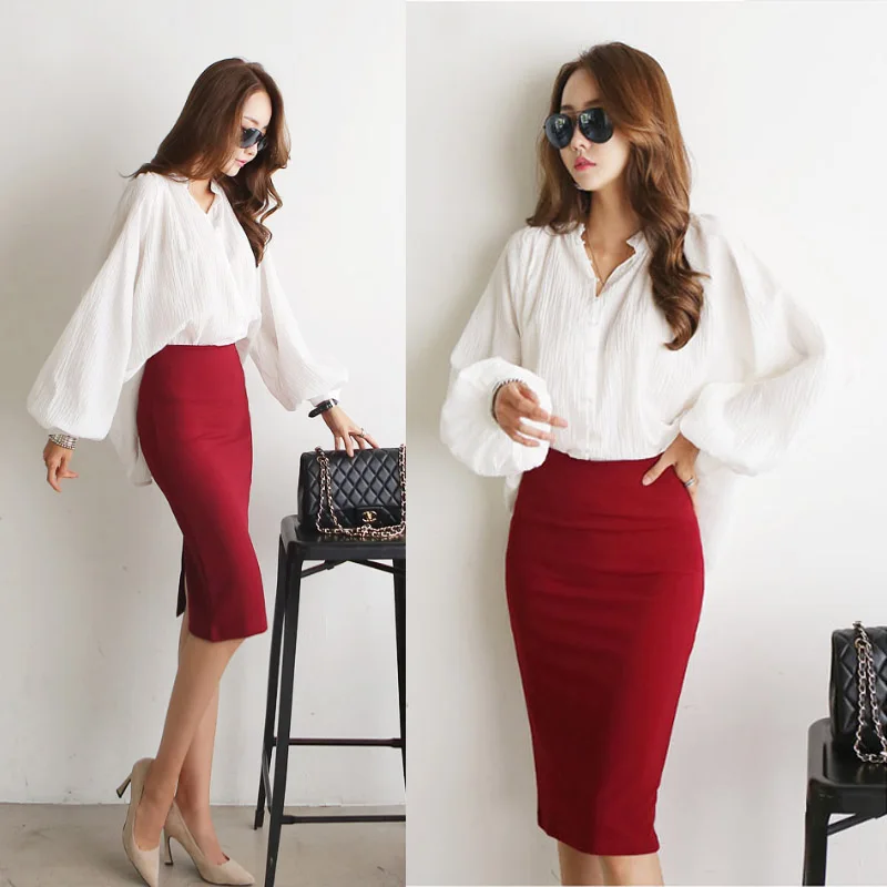 Hoge Taille Afslanken f-Lengte Rok vrouwen Lente Zomer Werk Rok Pak Pure Kleur Pendelen Sle Mid-lengte