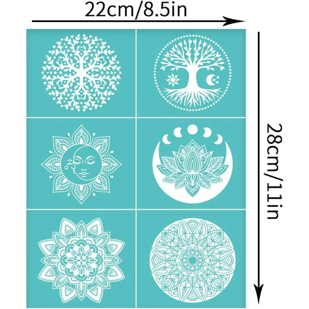 2pcs 8.6x11 Inch Self-Adhesive Mandala Stencil Lotus Tree Silk Screen Stencils Reusable Silkscreen Printing Stencils Moon