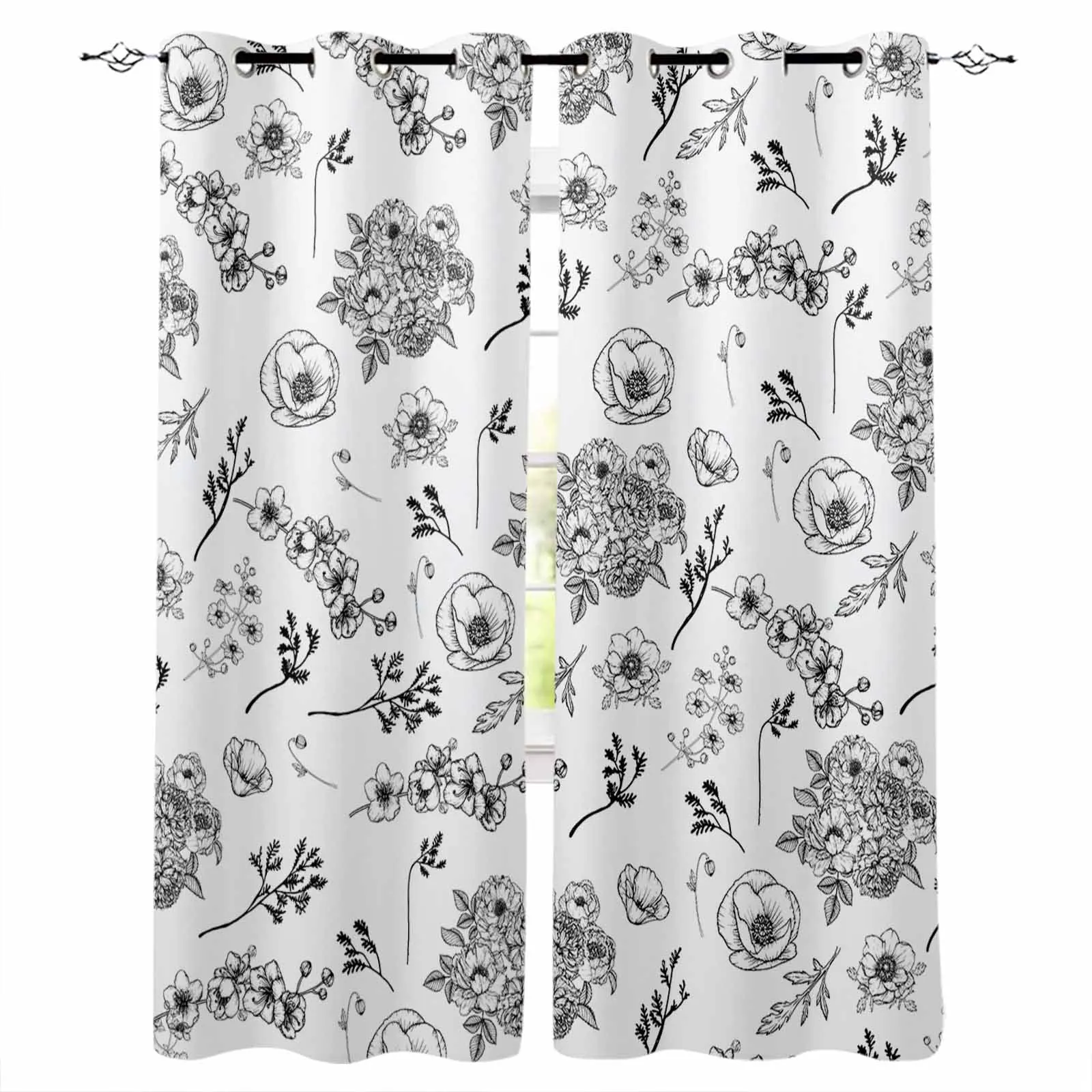 Sketching Flower Leaves Window Curtain Living Room Kitchen Curtain Panel Blackout Curtains For Bedroom