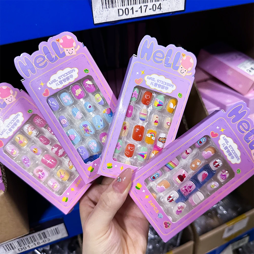 

24Pcs Kids Cute Cartoon False Nails Sweet Princess Cake Pattern False Nail Tips Kawaii Press on Nail for Children Christmas Gift