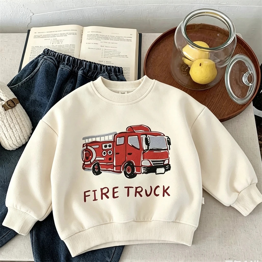 Little Car Print Hoodie Fashion Casual Autumn Clothing Round Neck Pullovers Simple All-match Tops Baby Boys Girls Sweatshirts