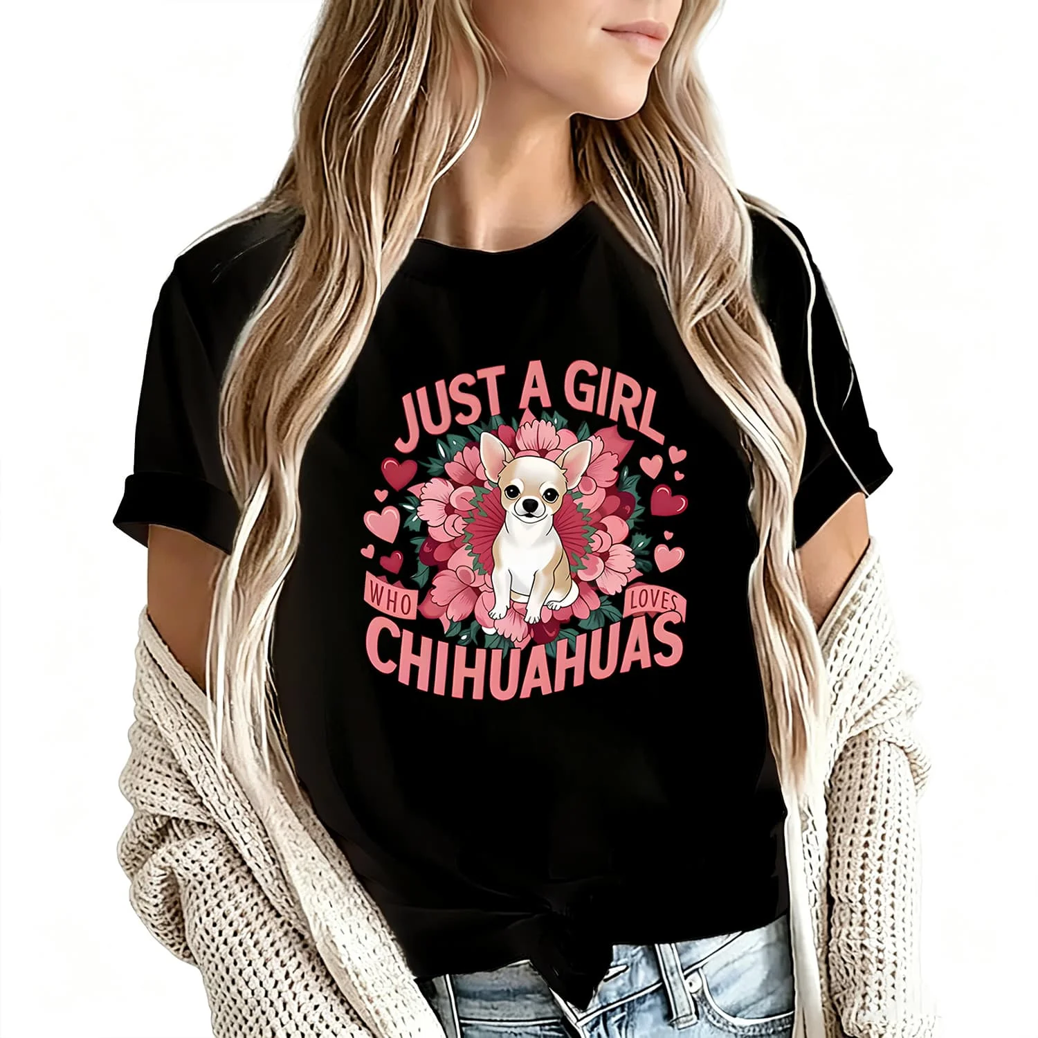 Camiseta para mujer con estampado divertido, 100 % algodón, de manga corta, con diseño original, cuello redondo, para uso casual, talla S-5XL. Es simplemente una chica que ama a los chihuahuas.