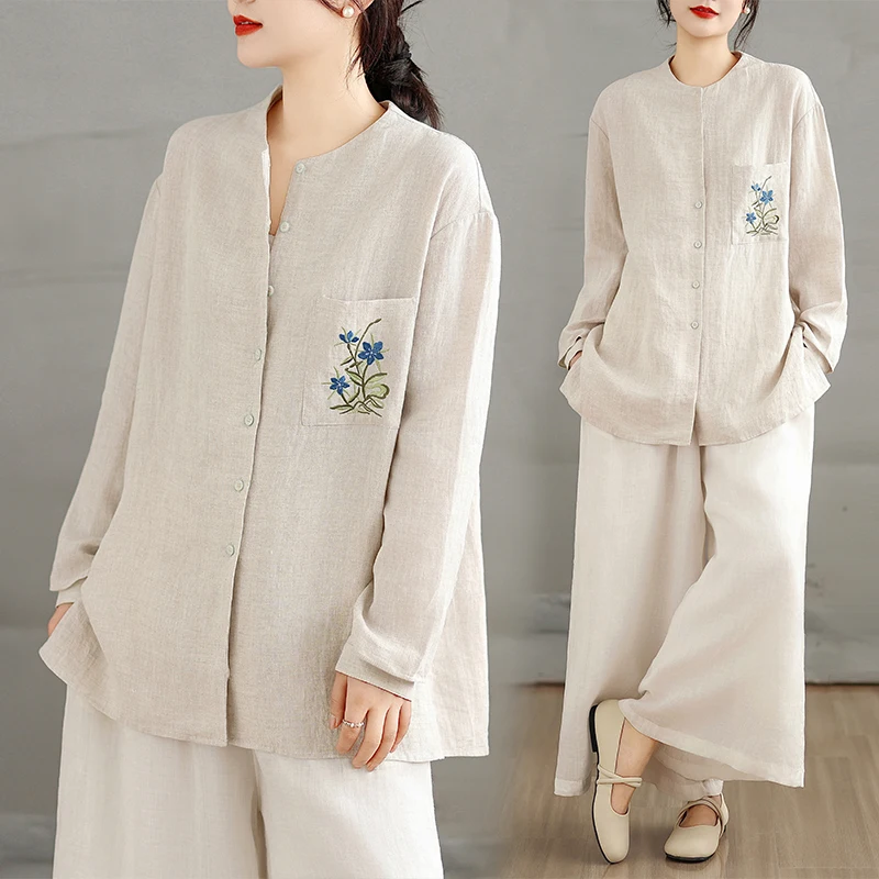 

Chinese Style Embroidered Cotton Linen Long Sleeve Shirt Women Loose Casual Top Spring Fashion Comfortable Breathable Shirt