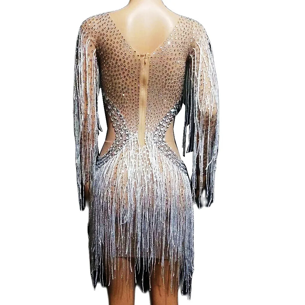 Women Shining Silver Tassel Rhinestones Sexy Hollow Out Mini Stretch Dress Dance Latin Singer Costumes