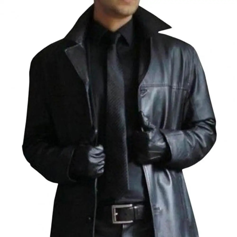 Plus Size Autumn Winter Long Faux Leather Jacket Men Collar Long Sleeve Single Breasted Leather Jacket Windbreaker Outerwear