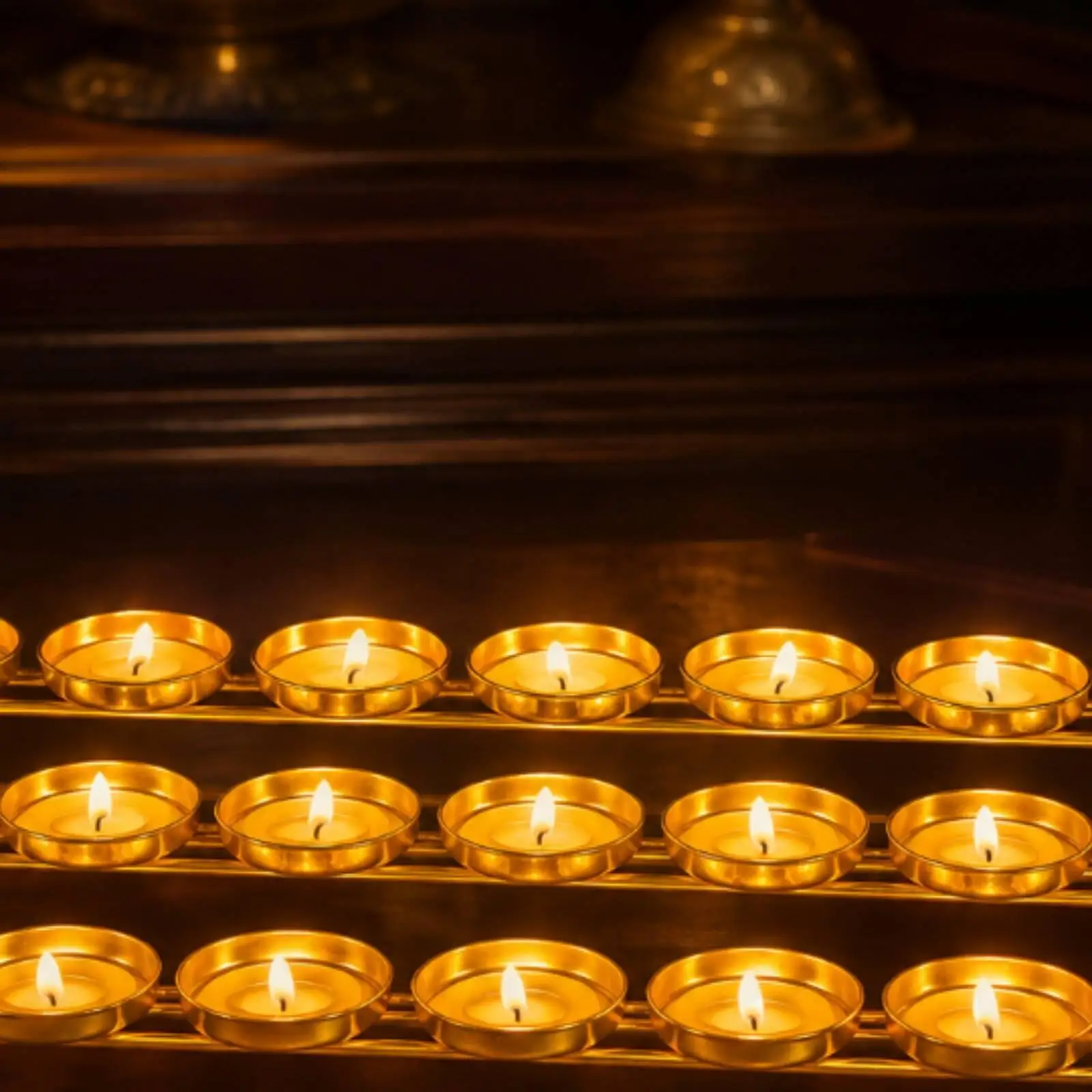 Devotional Butter Lamp Stand with Narrow Legs for Temple Use Gold Metal Tiered Shelf 21 Cup