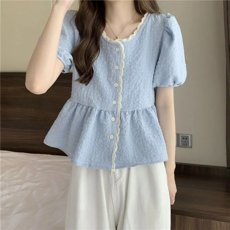 Ruffle Shirts and Blouses Korea Short Sleeve Top Women 2024 Summer Button Sweet Blouses Cute Elegant Solid Fashion Lace Clothes