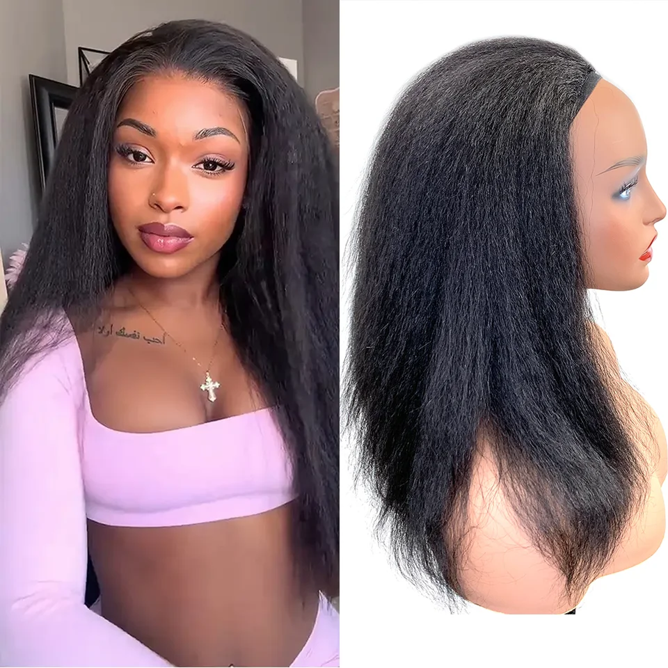 

Half Wigs 220% Glueless Wigs Human Hair Kinky Straight Seamless Clip In Half Wig with Drawstring Beginner Friendly