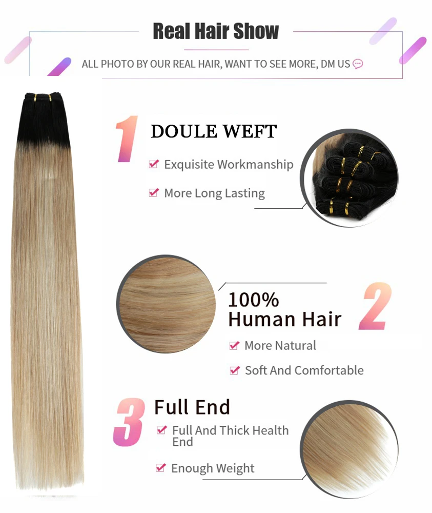 Bundles d'extensions de trame de cheveux humains droits, cheveux naturels européens Remy, tissage cousu, document blond ombré, 100g par pièce, 16 "-28"