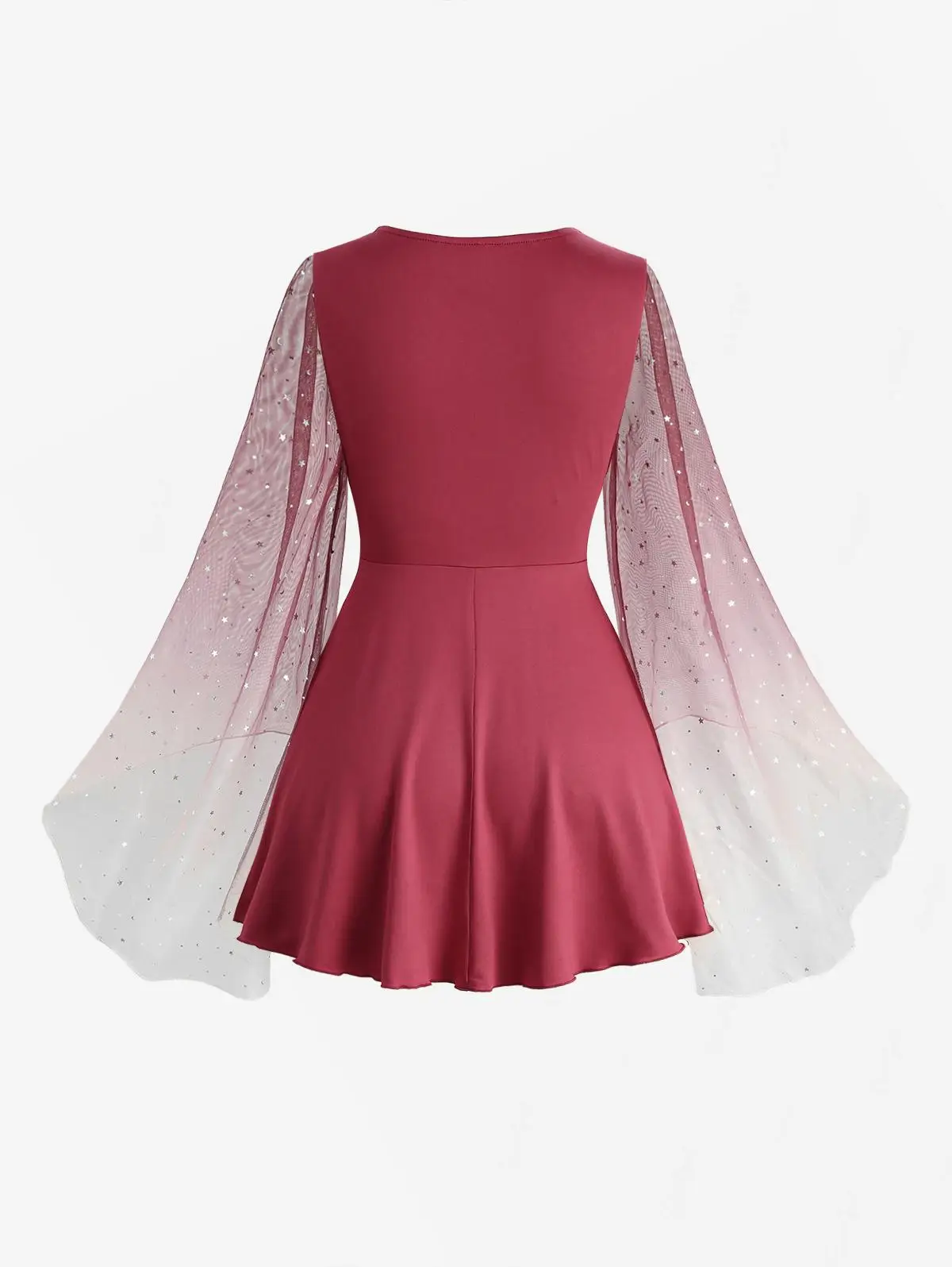 ROSEGAL المرأة حجم كبير تي شيرت نجوم الفضة ختم أومبير طباعة شبكة تويست الكشكشة Ruched مضيئة الأكمام بلايز زي أحمر