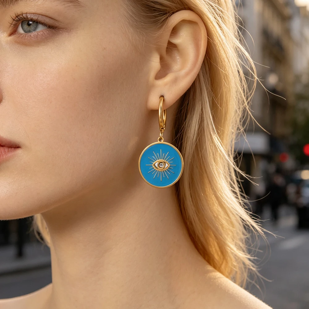 JeeMango Stainless Steel Blue Enamel Evil Eye Pendant Hoop Earrings Women Gold Plated Oil Drop Charm Waterproof Jewelry E26159