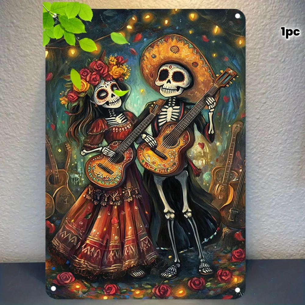 Casa e decoração sazonal sinal de alumínio de metal-esqueleto bonito casal guitarra arte impressão para casa restaurante bar café garagem