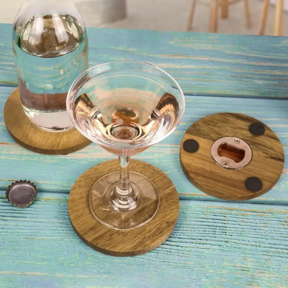 6PCS 2 in 1 Wood Coaster with Bottle Opener Round with Storage Rack Insulated Cup Pad Non-Slip Party Cup Mat Set Dining Table