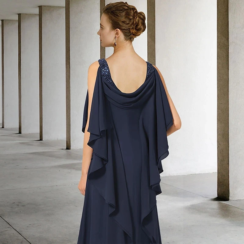 Customized Dark Navy A-Line Mother of the Bride Dress Plus Size Elegant V Neck Ruffles Chiffon Guest Party Gowns Robe De Soiree