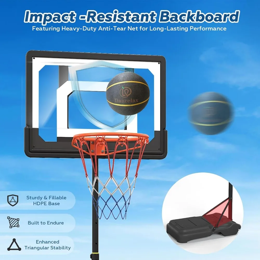 cesta de basquete de altura ajustável para piscinas, 3,9 a 6,9 pés, estrutura pe preta, base de água, bomba de ar e bola de borracha de 8 polegadas incluída