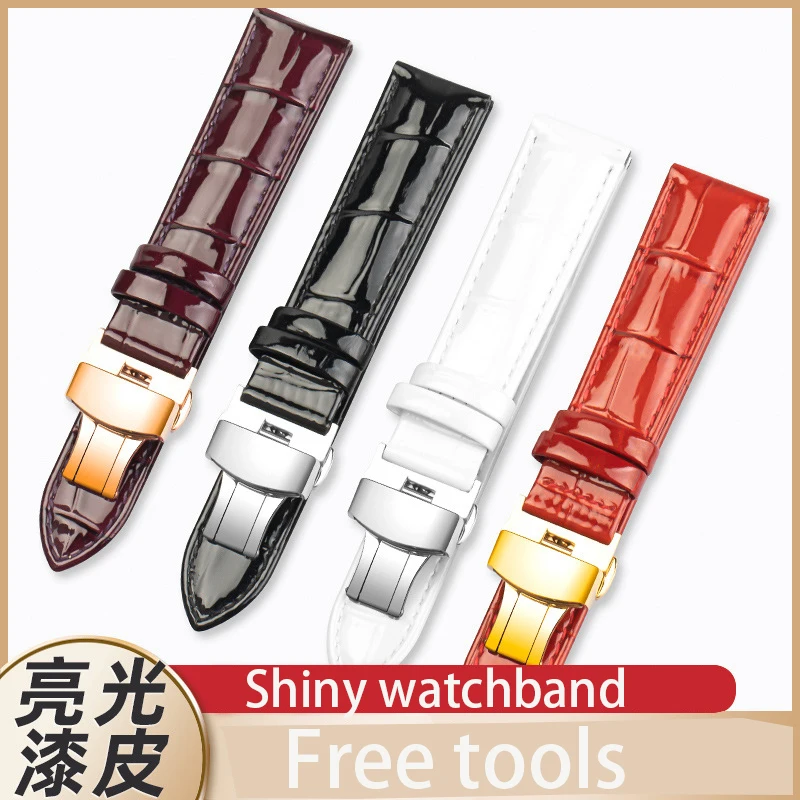 Genuine Leather Bracelets 12mm 14mm 16mm 18mm 20mm Red  balck white purple Watch Strap Butterfly Buckle Shiny Band Wrist Belt