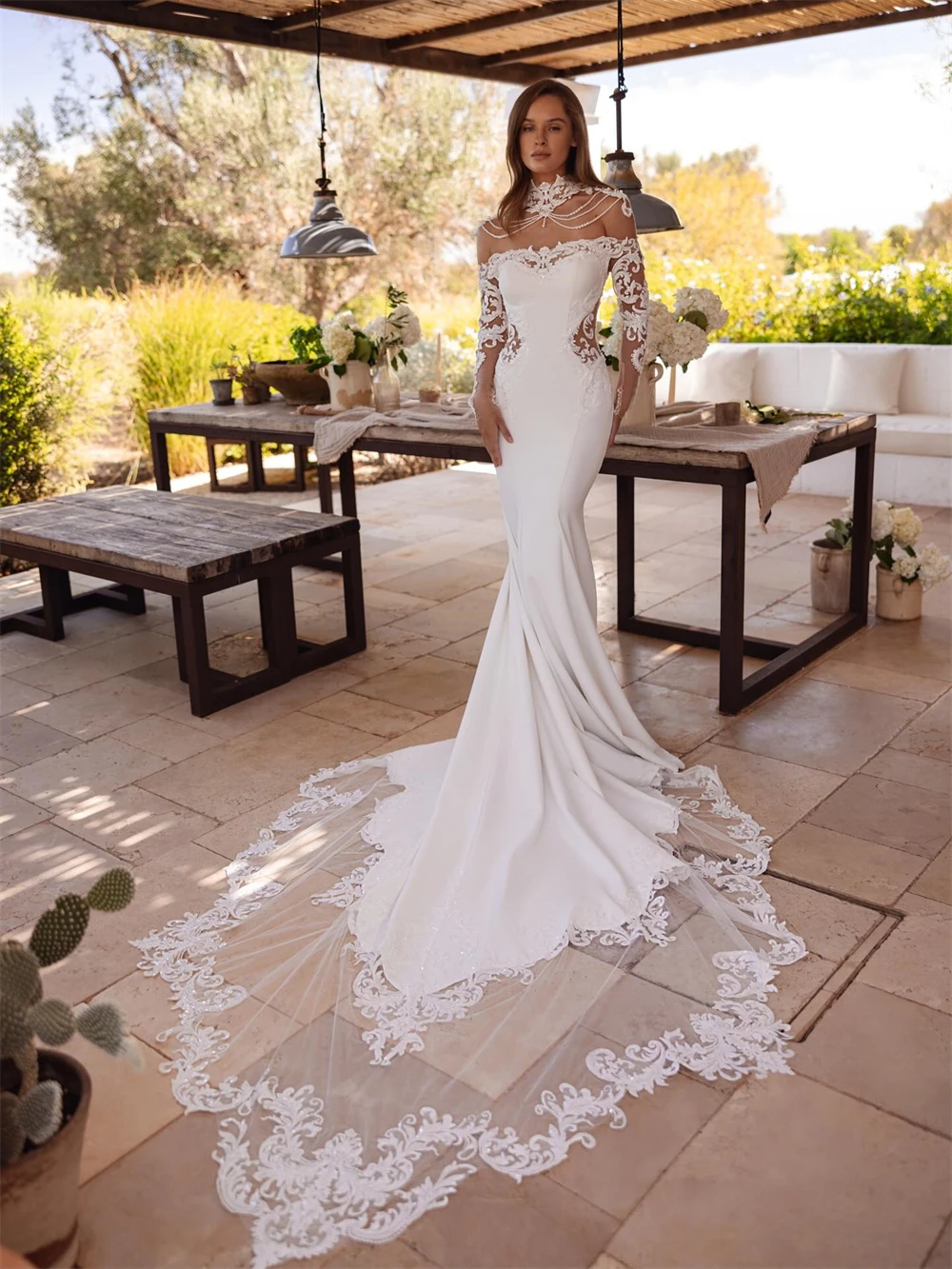 فستان زفاف مثير من الساتان الأبيض مخصص برقبة قارب وأكمام طويلة زي العرائس حالمة حورية البحر ذيل محكمة فيستدو دي نوفيا #1