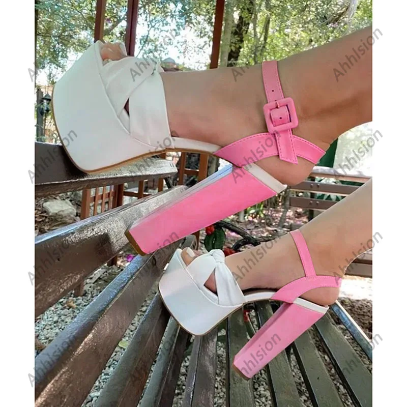 Ahhlsion Real Photos Women Sandals Waterproof Stable Chunky Heel Open Toe Pretty  Dress Shoes Ladies US Plus Size 5-20