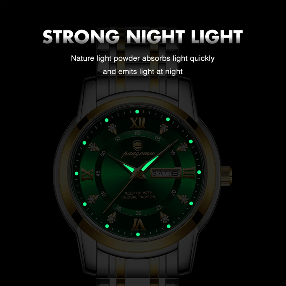 PAAZOMU رجل الأعمال ساعة اليد تاريخ كرونوغراف مقاوم للماء مضيئة ساعة رجالية فاخرة الفولاذ المقاوم للصدأ كوارتز ساعات رجالية ذكر