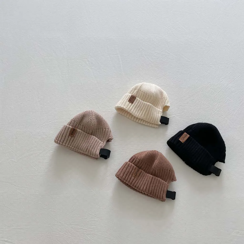 2023 Kids Knitted Hats With Leather Lable Autumn Winter Kids Beanie Caps Infant Toddler Warmth Girls Boys Woolen Hat 0-3Years