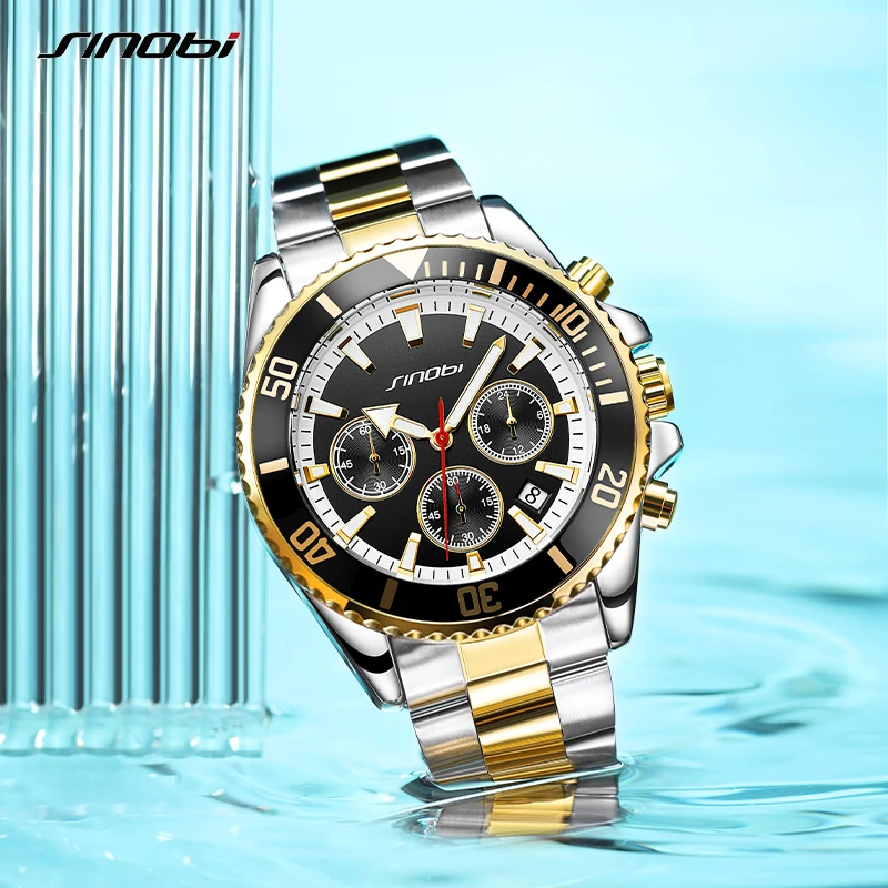 SINOBI Luxury Brand Business Men\'s Watch Fashion 43mm Dial Plate Stainless Steel Strap Calendar Date Sports Men Wristwatches