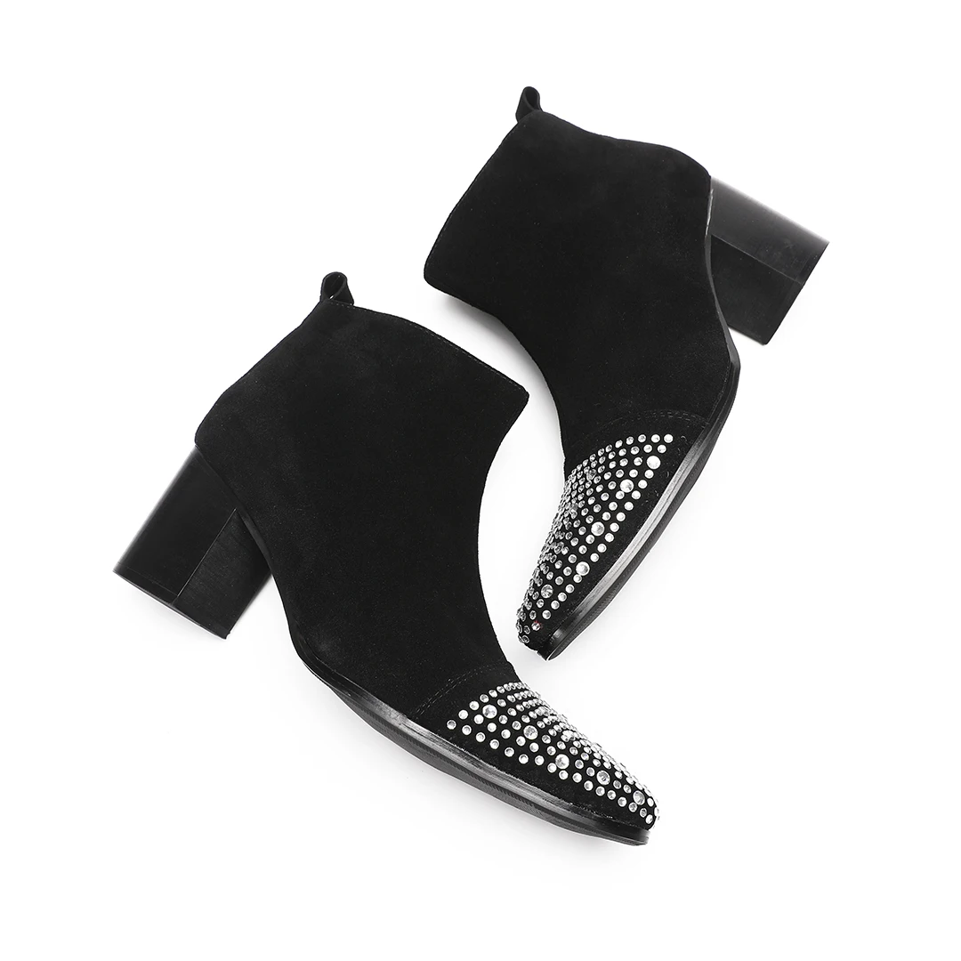 Male suede Leather Rhinestone High Heel Ankle Boots men Zipper Black pointed Toe Night Club Party short boots Plus Size Shoes - view 4