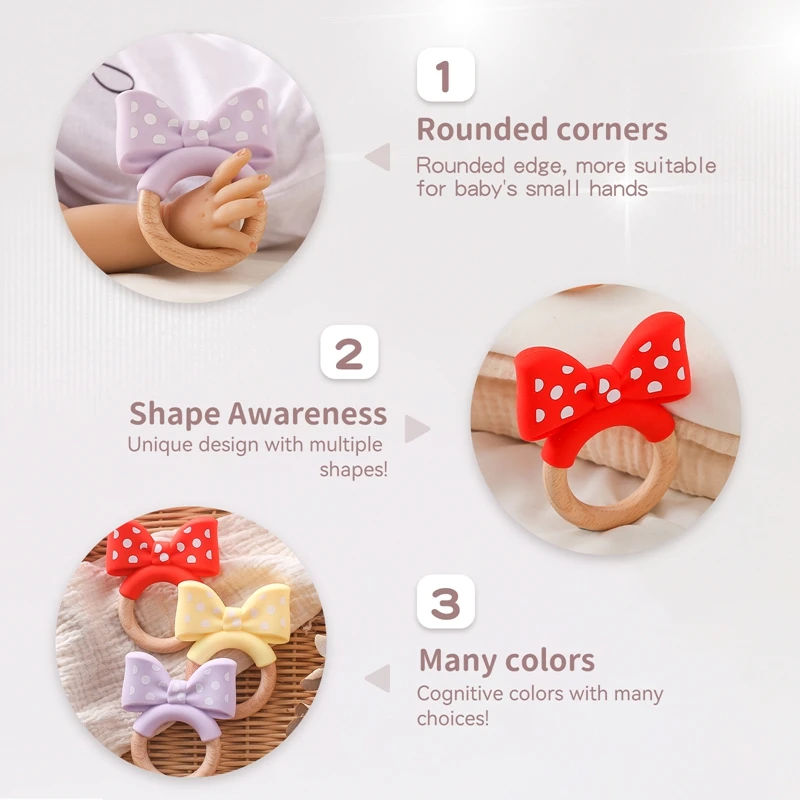 Baby Silicone Teether Toys Food Grade Silicone Bow Wooden Ring Bracelet Teething Toys For Baby Soothing Tooth Chew Teething Toys