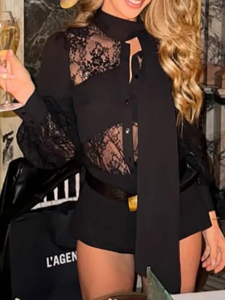 SsTss Conjunto de top y pantalones cortos para mujer, camisa de manga larga con retazos de encaje transparente calado negro a la moda y pantalones cortos ajustados, trajes de 2 piezas
