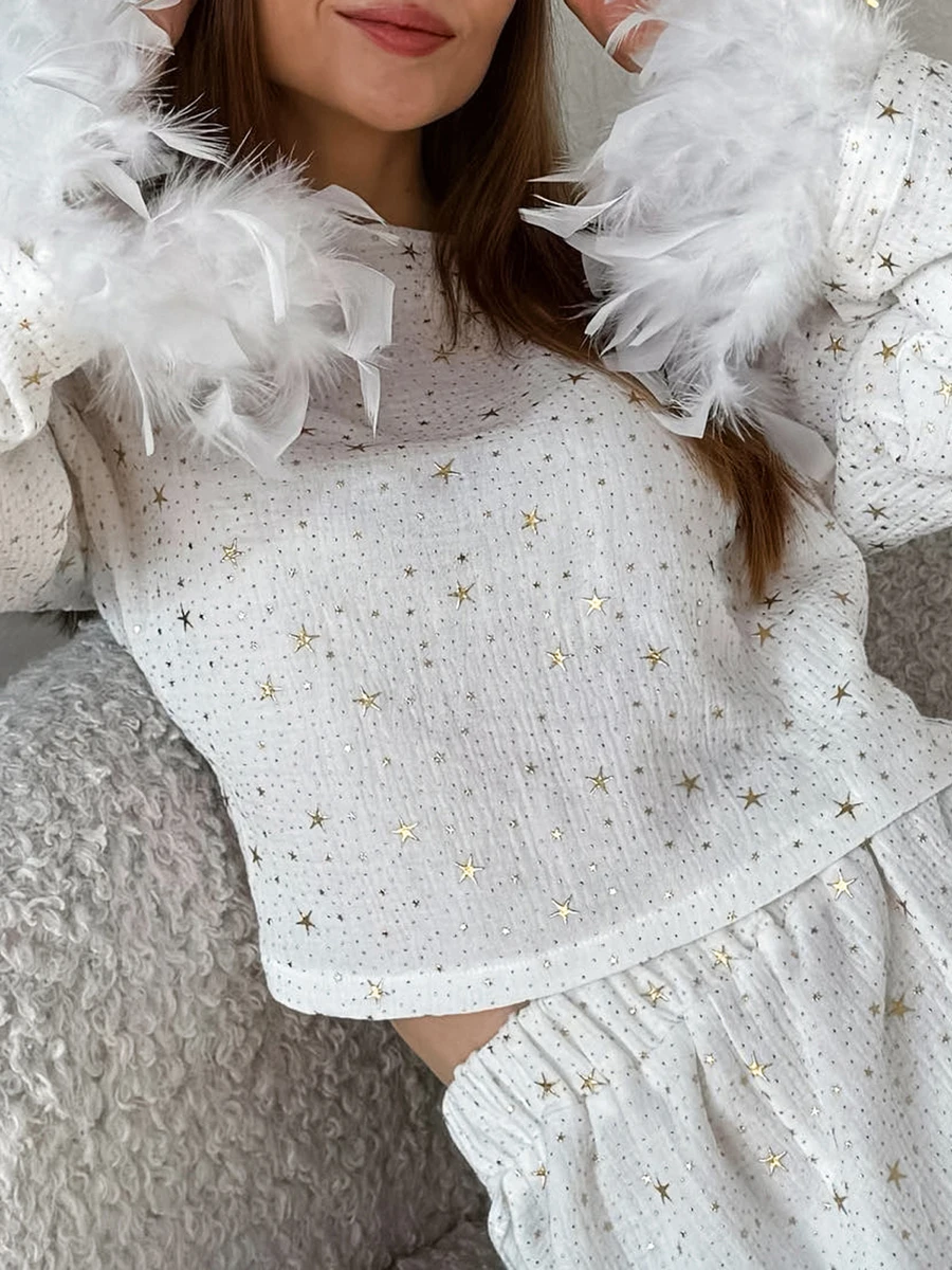 Women Pajama Set Stars Feather Long Sleeve T-shirt with Shorts Sleepwear Loungewear