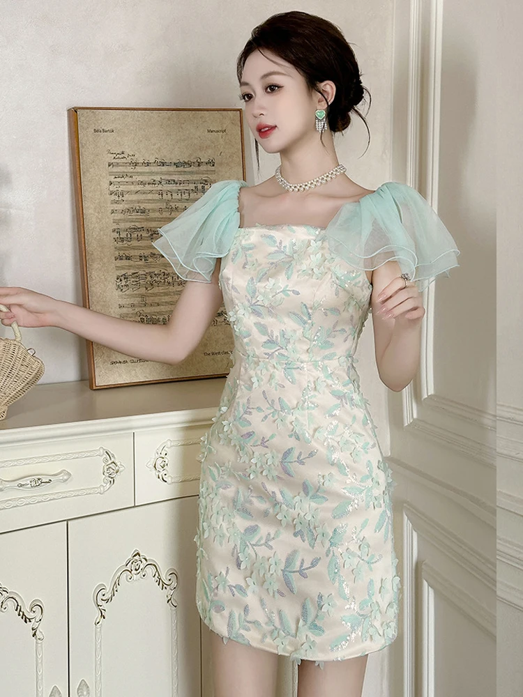 แฟชั่นฤดูร้อนลูกไม้เลื่อมดอกไม้วันหยุดชุดราตรีเสื้อผ้าผู้หญิงสาวหวานเซ็กซี่แขนฟอง Slim Party Prom Vestidos