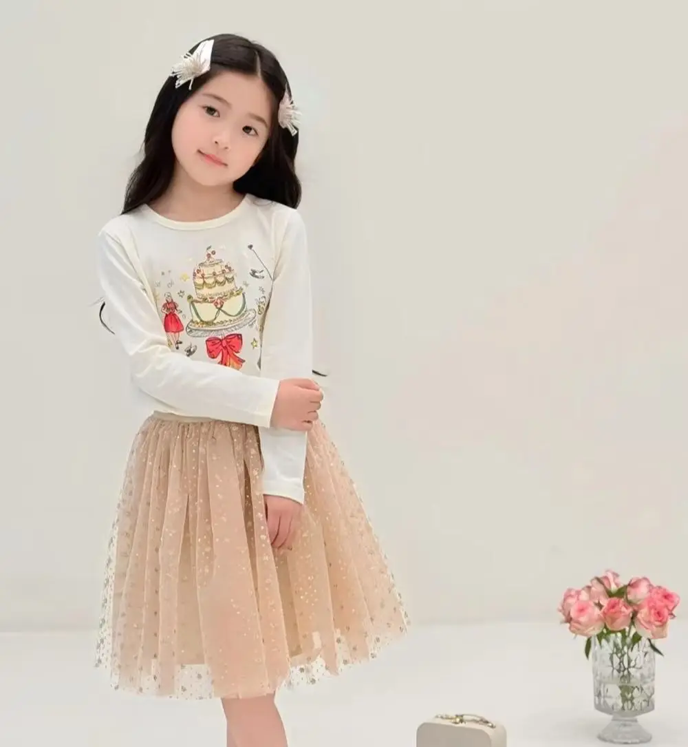 Autumn girls' long sleeved T-shirt Birthday cake printed pattern pure cotton comfortable T-shirt kids tops baby girl clothes