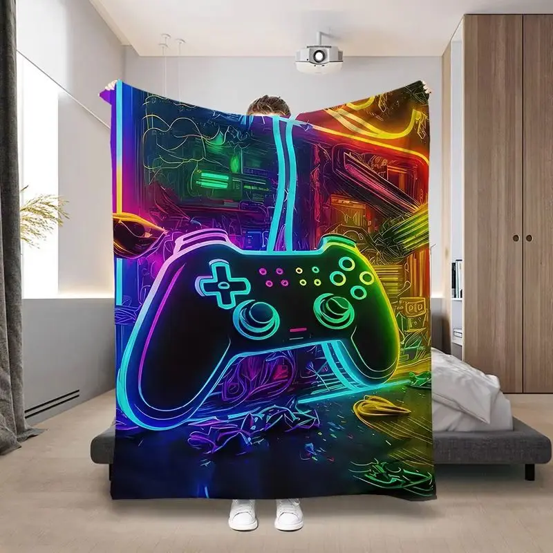 VIKAMA Glow Game Pad Flannel Throw Blanket Neon Rainbow Controller Print Soft Plush Gaming Room Air Condition Decor Gift