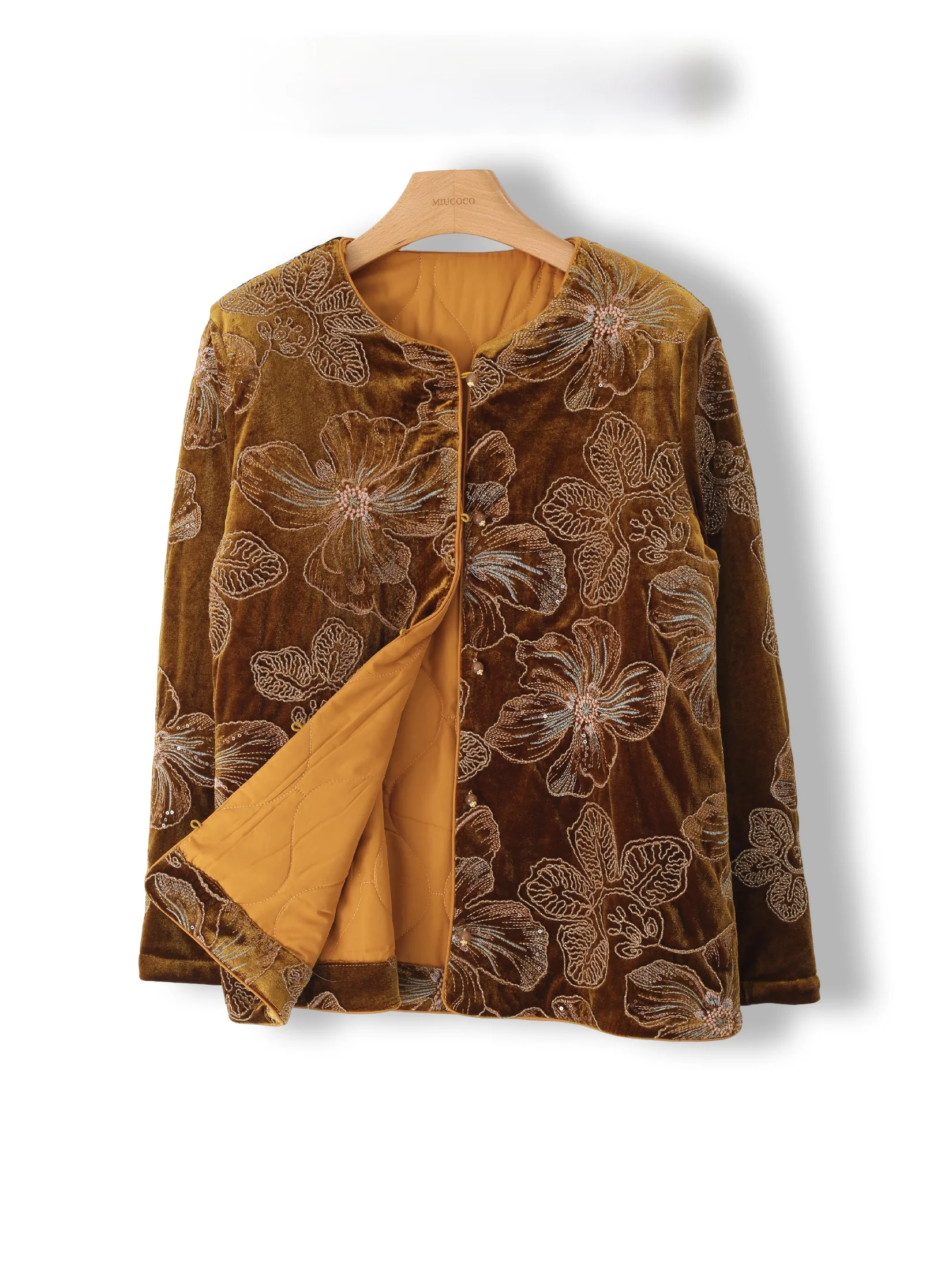 

New Chinese Style Heavy Embroidery Velvet Cotton Jacket Sleeveless round Neck Long Sleeve Women's Warm Outerwear Coat