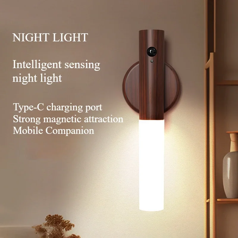 

SANDYHA LED Wall Lamp Automatic Sensing Walnut Solid Glass Lampshade Night Light for Living Room Bedroom Bedside Table Lighting